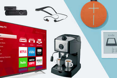 HD Roku Smart TV, Amazon Fire TV stick, Halo wireless headset, Bluetooth speaker, Kindle, espresso maker