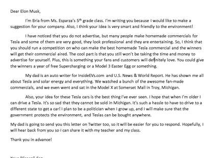 5th Grader Lends Tesla Advice In Letter To Elon Musk - Thrillist