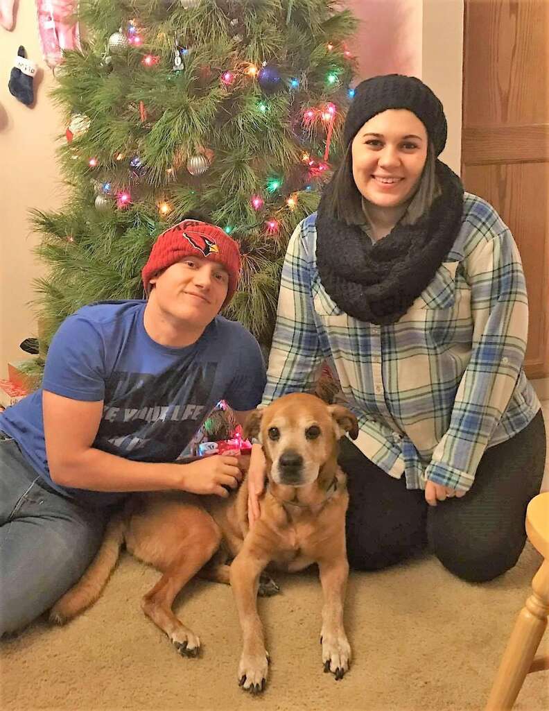 Senior shelter dog spending Christmas at his new home