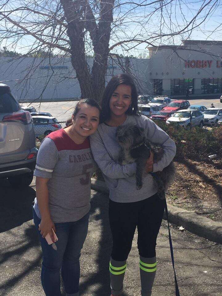 Abandoned dog with two rescuers