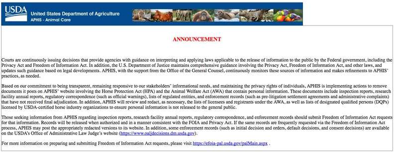 USDA website after animal welfare reports were removed