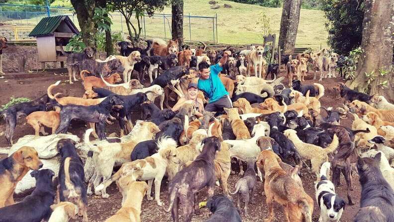 Lya Battle with her rescue dogs at her dog sanctuary in Costa Rica