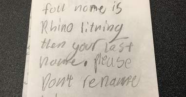 Letter from little girl about her dog, Rhino Lightning