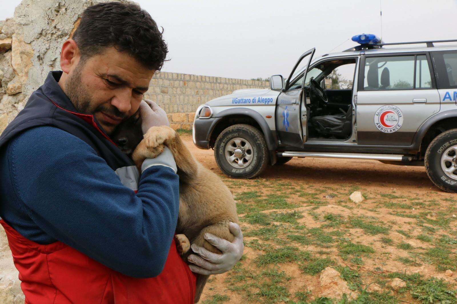 'Cat man' of Aleppo holding puppy he's saving