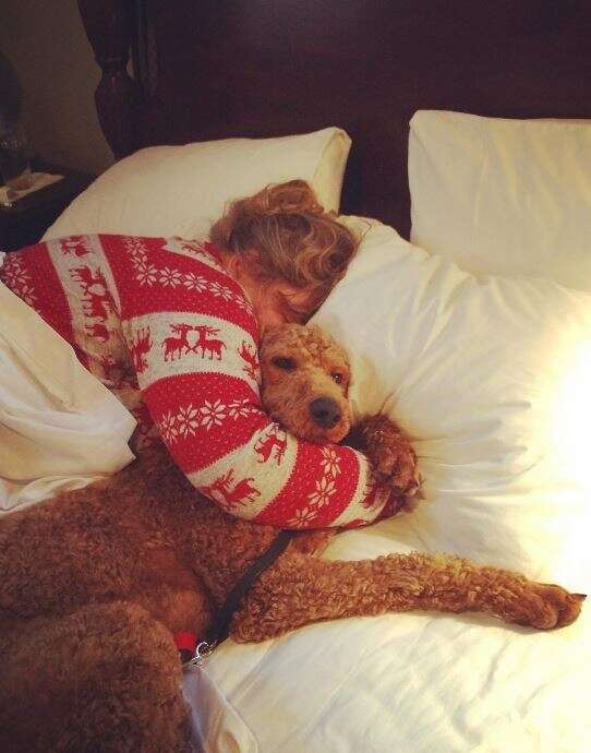 woman hugging dog in bed