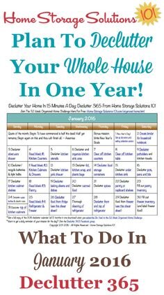 Free printable January 2016 decluttering calendar with daily 15 minute  missions. Follow the entire Declutter 365 plan provided by Home Storage  Solutions 101 to declutter your whole house in a year. - The Dodo