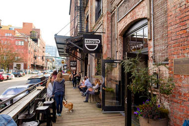 exterior of coffee shop in pearl district, portland, oregon