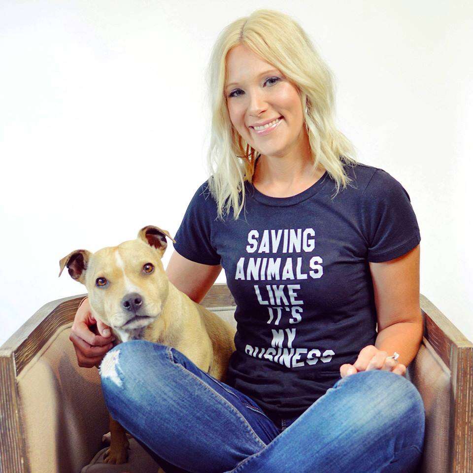 Alisha Westerman with franky wearing an Animal People T-shirt