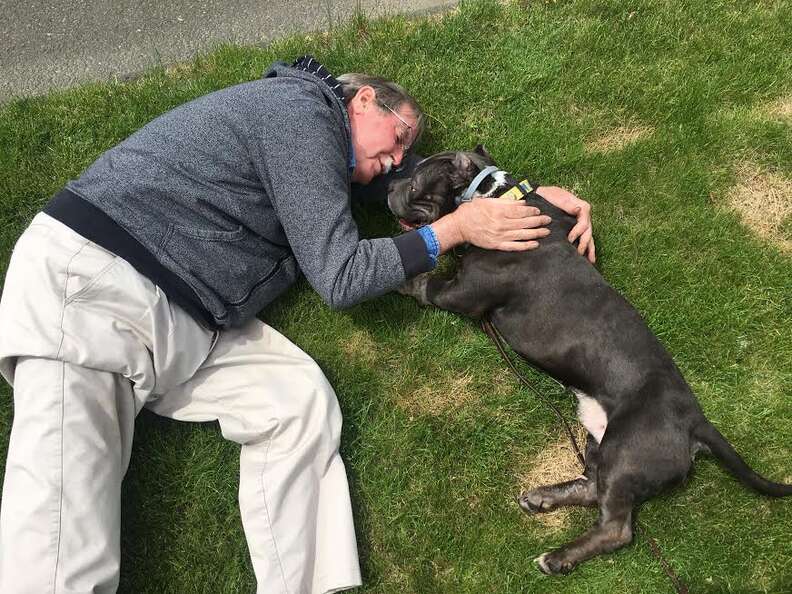 Man cuddling with rescued pit bull
