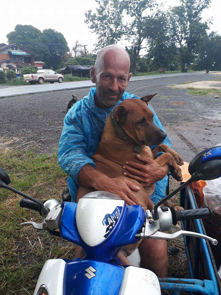 Man hugging Thai street dog