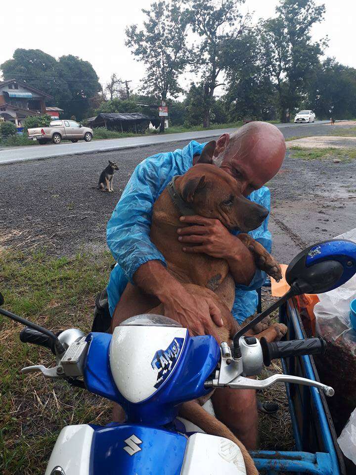 Man hugging street dog in Thailand