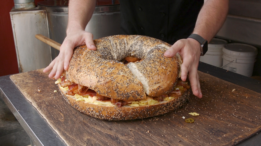 O’Bagel's Jumbo Bacon, Egg, and Cheese Sandwich Bagel Weighs 30 Pounds Thrillist