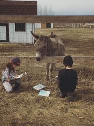 kids read to donkey at sanctuary