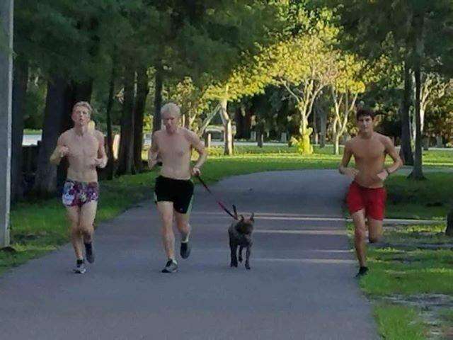 Boys running with shelter dog
