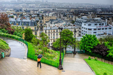 a person with an umbrella on a rainy day in Paris