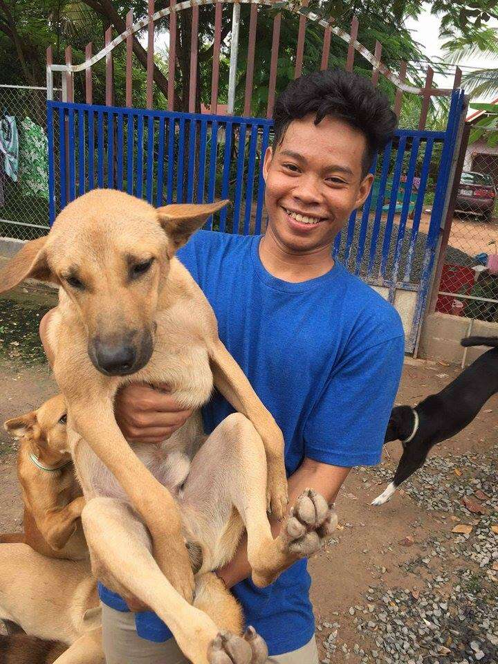 Boy holding rescue dog