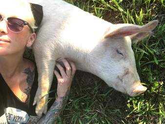 Woman cuddling with rescue pig