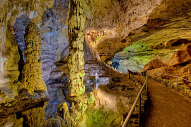 a marked path leading through a cave