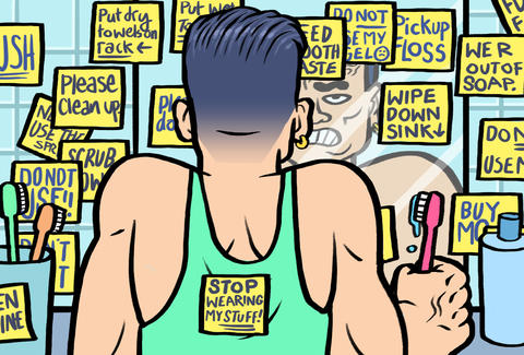 College roommate confronted by many sticky notes in the bathroom