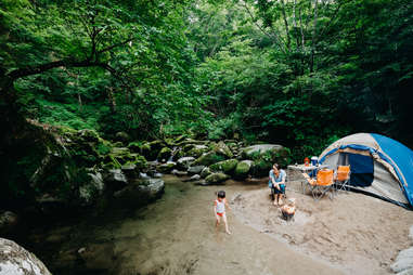 camping near stream in woods