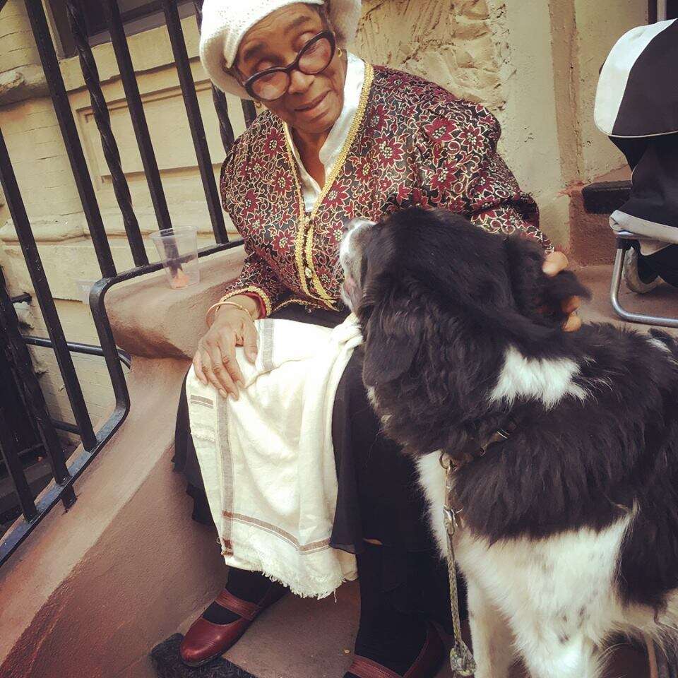 Dog comforting elderly woman