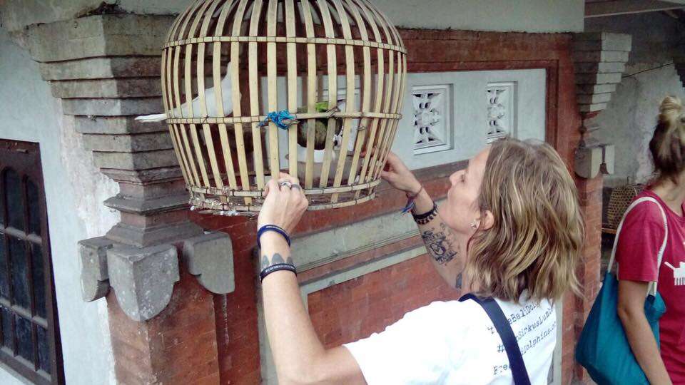 Woman helping caged birds