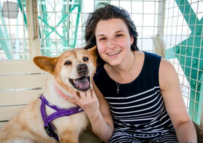 dog with woman on ferris wheel