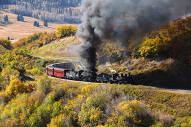 a train chugging along by a hill covered in fall trees