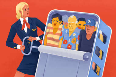 flight attendant with passengers