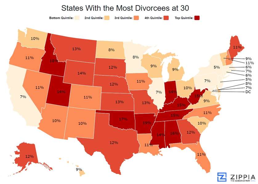 Zippia Map Shows Divorce Rates For People Under 30 - Thrillist