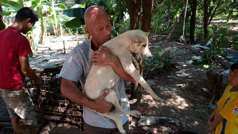 Man holding dog rescued from dog meat restaurant