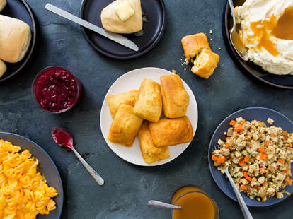 thanksgiving sides corn bread stuffing mashed potatoes side dish cranberry sauce mac and cheese rolls butter