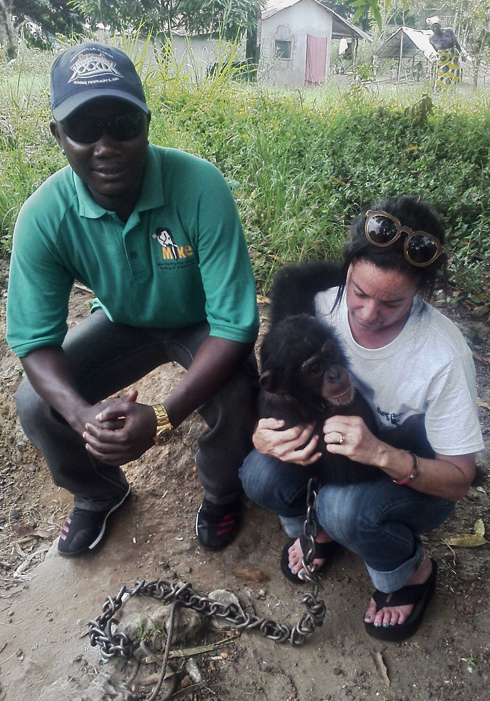 Chimp with rescuers in Liberia