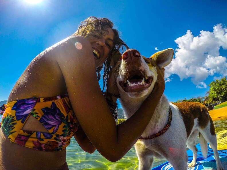 Dog and woman smiling together