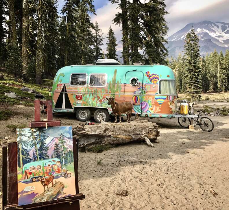 Painting of family traveling in Airstream with pet goat