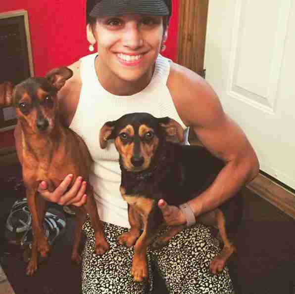 Meagan Duhamel with rescued dogs Moo-tae and Dae-gong