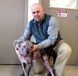 Man holding dog with severe mange