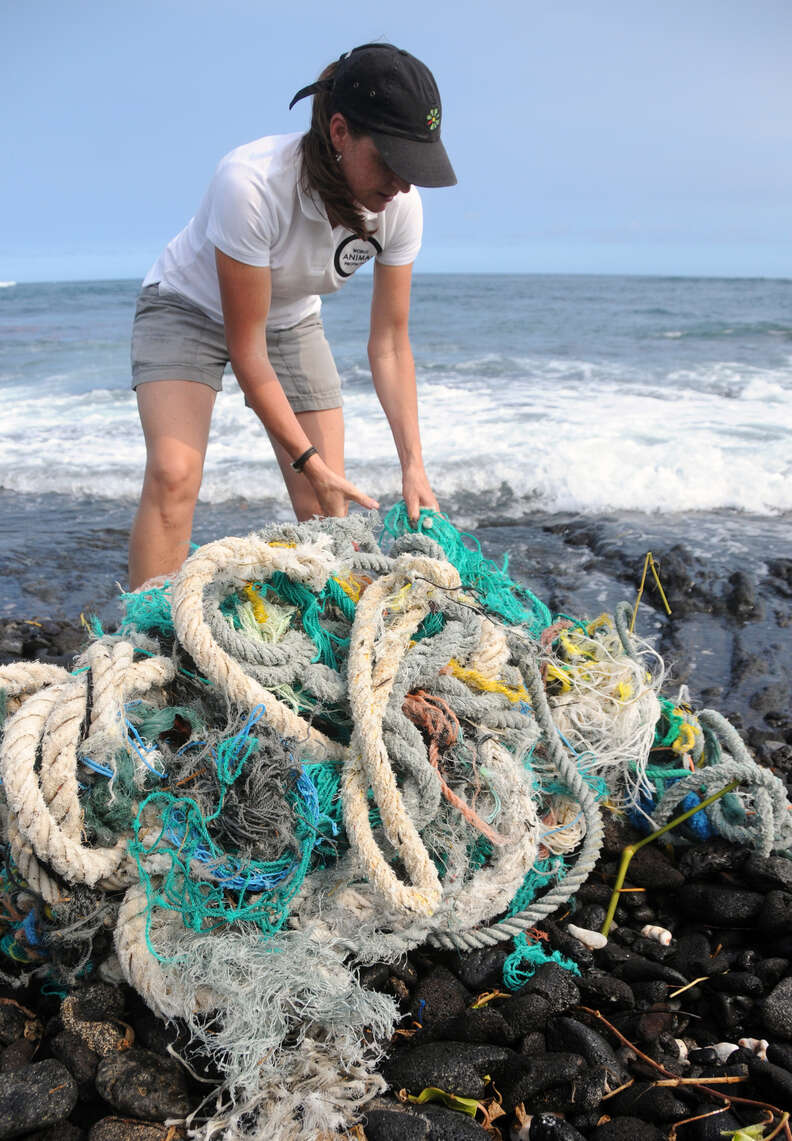 Woman collecting ghost nets from beach