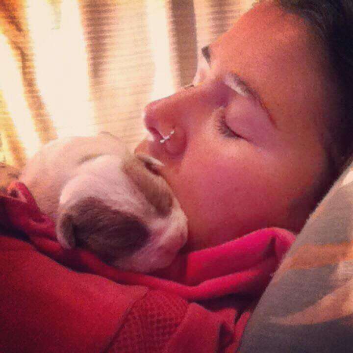 Woman cuddling with newborn puppy