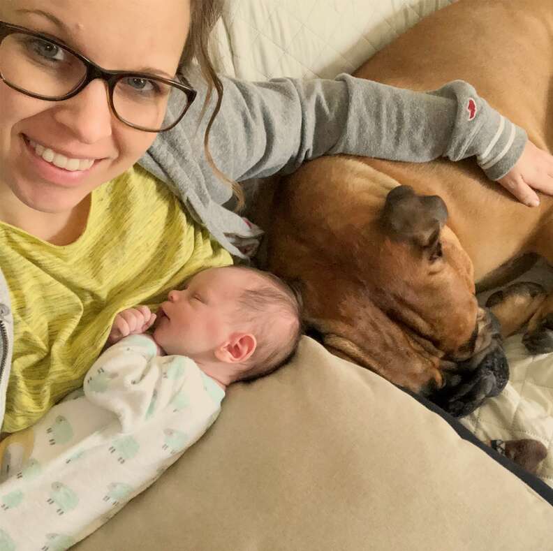 New mom with infant and bull mastiff
