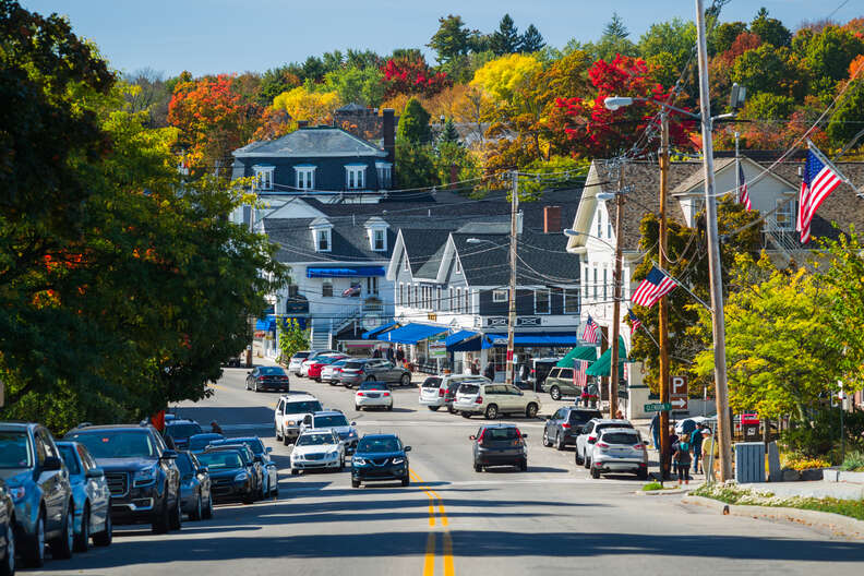 view of main street in lake winnipesaukee region, wolfeboro