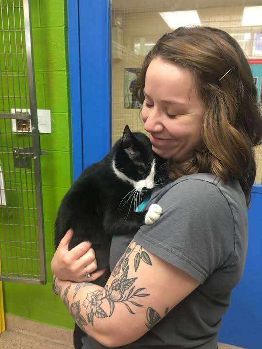 Woman holding hugging cat in her arms