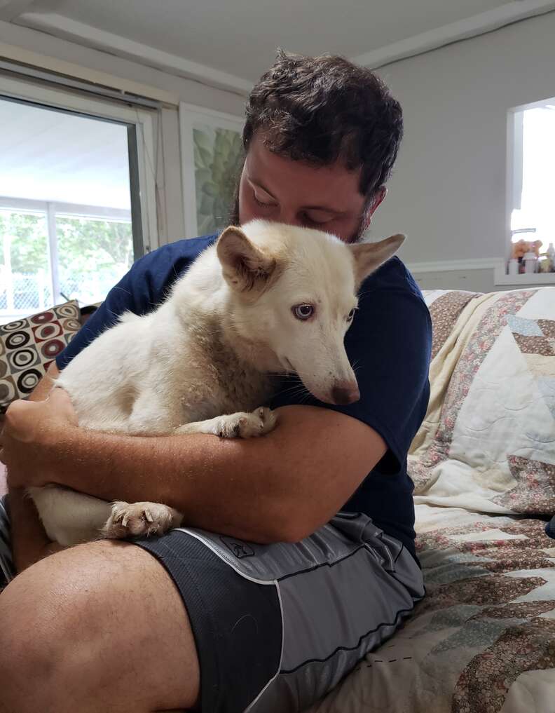 Lucky and a volunteer from GTS Husky Rescue