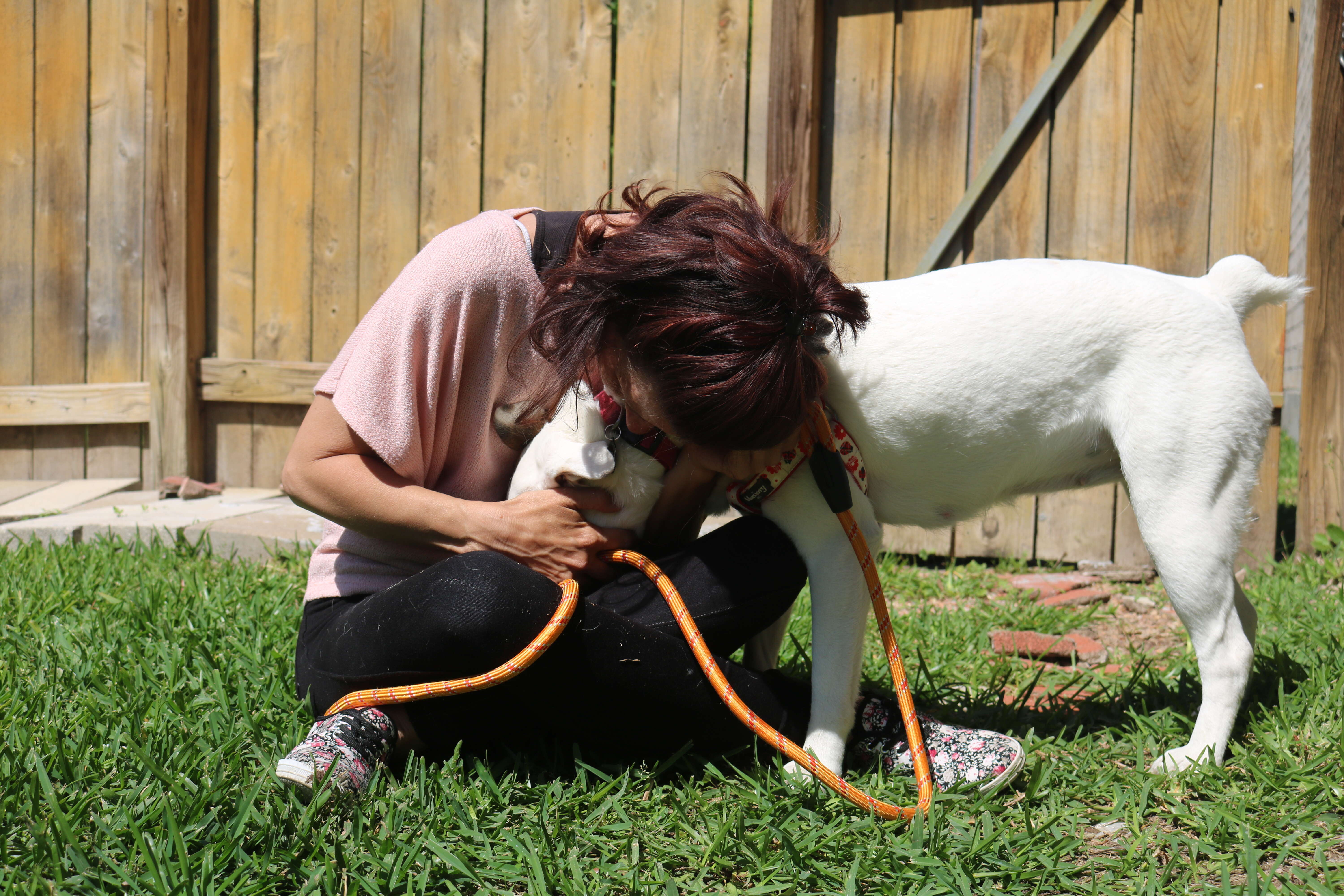 Woman hugging dog