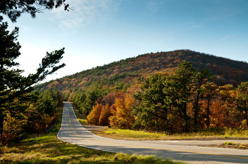 road headed through forested hills