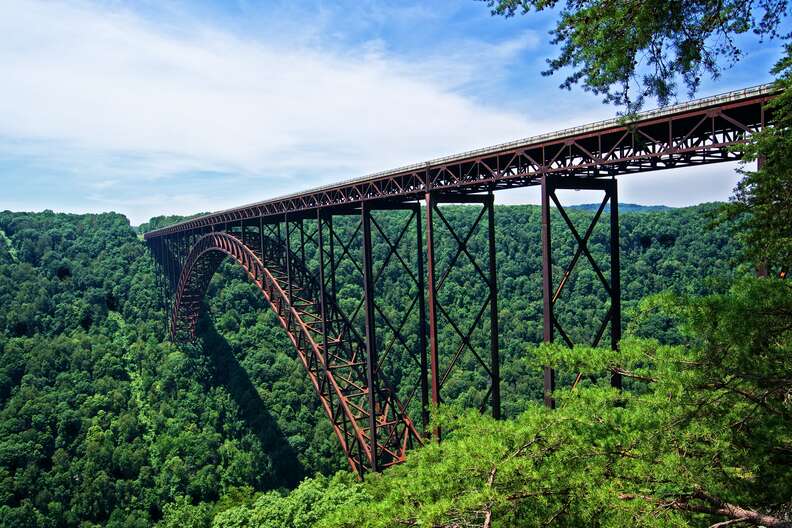 a large bridge over a forested valley