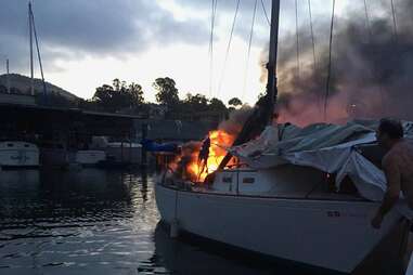 A burning boat at a California marina
