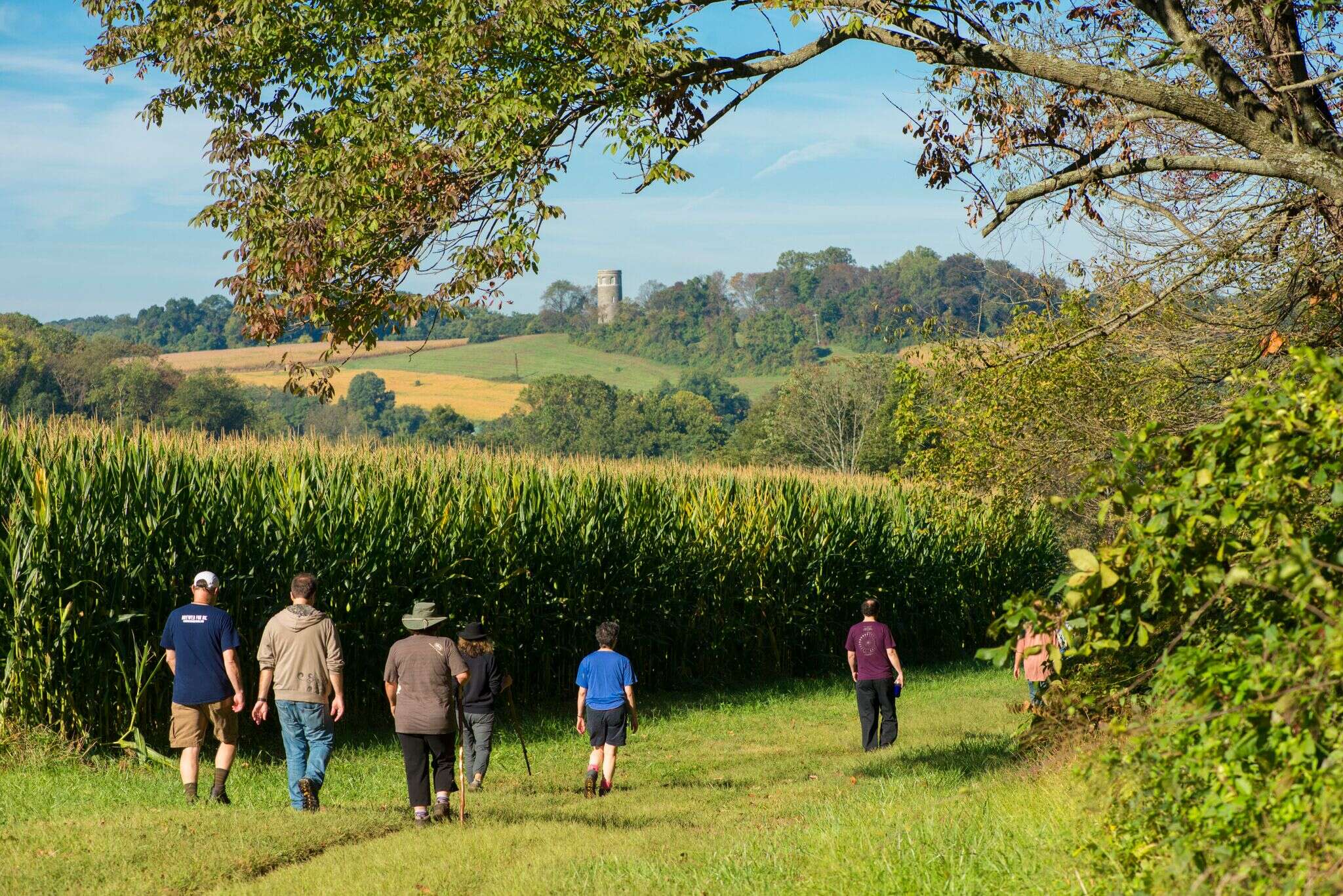 people walking past a field of rolling hills
