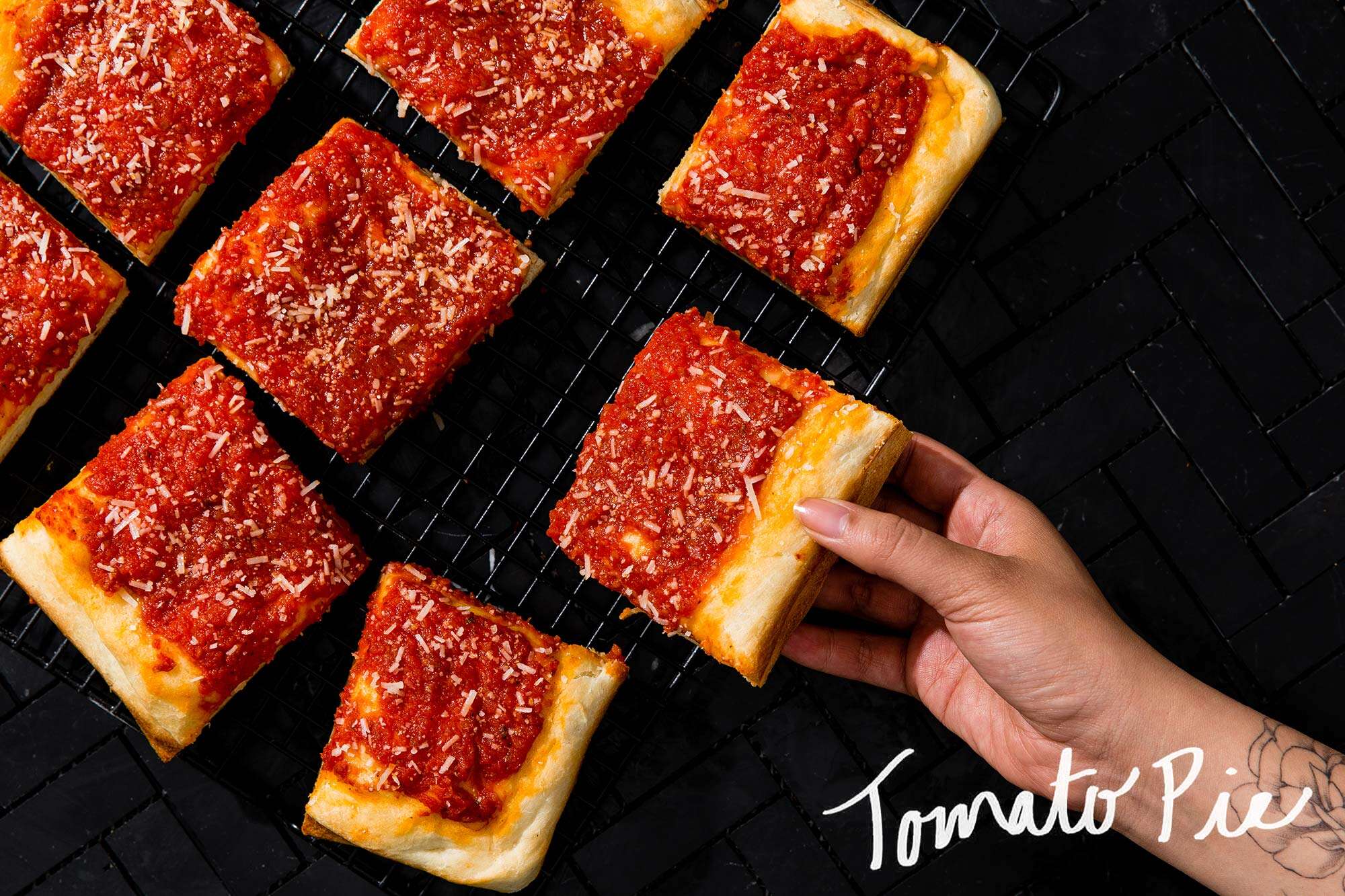 tomato pie, square slices
