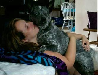 Woman posing with dog on her lap
